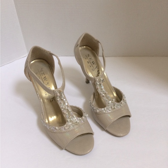 New York Transit womens 8M open peep toe T strap pearls and sequins pumps shoes - Picture 1 of 7